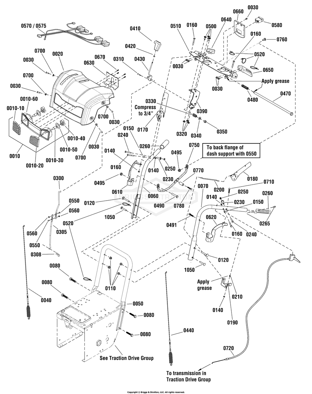 Handles And Controls Group Diagram and Parts List for 1696159-00 (BP2132)(2012) Briggs and Stratton Snow Blower
